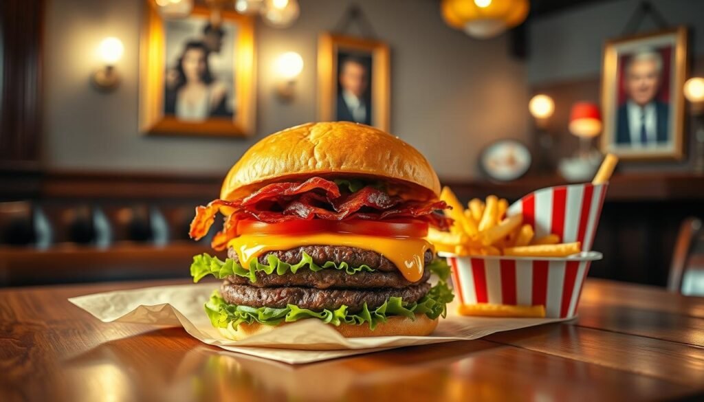 A beautifully arranged "Presidential" burger on a wooden table, showcasing layers of juicy beef patties, crispy bacon, melty American cheese, fresh lettuce, ripe tomato slices, and a dollop of special sauce. The foreground features the burger on a rustic wax paper, with a small side of crispy fries in a red-and-white striped container. In the middle, include a luxurious, soft-focus diner setting with elegant lighting that casts a warm, inviting glow. In the background, subtle hints of celebrity-inspired decor, such as a framed photo of a famous burger enthusiast. The atmosphere is vibrant and appetizing, evoking a sense of indulgence and culinary delight. Ensure the image is vibrant and captures the essence of enjoying a secret menu item in a classic American diner style.