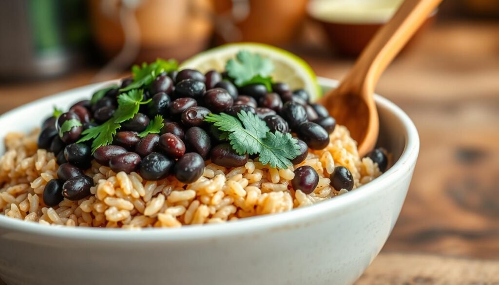 A beautifully arranged bowl showcasing a serving of brown rice topped with steaming black beans, garnished with fresh cilantro and lime wedges. The foreground features a close-up of the vibrant textures and colors of the rice and beans, with glistening drops of moisture to highlight freshness. In the middle, a wooden spoon rests beside the bowl, hinting at the process of enjoying this nutritious meal. The background softly blurs out to reveal a rustic kitchen setting, with warm wooden tones and soft lighting that creates an inviting atmosphere. The overall mood evokes a sense of health, warmth, and deliciousness, perfect for those considering macros and nutritious choices.