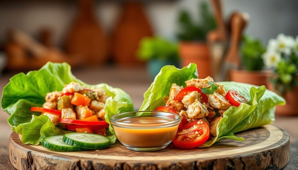 A beautifully arranged lettuce wrap filled with fresh, vibrant ingredients like grilled chicken, crisp cucumbers, diced tomatoes, and a sprinkle of sesame seeds, artfully wrapped in large, leafy romaine lettuce. The foreground showcases the wrap neatly presented on a rustic wooden board, with colorful sliced vegetables artistically fanned out beside it. The middle features a small bowl of tangy dipping sauce glistening under soft, natural lighting that highlights the freshness of each ingredient. The background is softly blurred, depicting an inviting kitchen environment with warm lighting and subtle hints of herbs in pots, creating a cozy atmosphere. The overall mood is fresh, healthy, and appealing, encouraging viewers to embrace a nutritious meal option. A beautifully arranged lettuce wrap filled with fresh, vibrant ingredients like grilled chicken, crisp cucumbers, diced tomatoes, and a sprinkle of sesame seeds, artfully wrapped in large, leafy romaine lettuce. The foreground showcases the wrap neatly presented on a rustic wooden board, with colorful sliced vegetables artistically fanned out beside it. The middle features a small bowl of tangy dipping sauce glistening under soft, natural lighting that highlights the freshness of each ingredient. The background is softly blurred, depicting an inviting kitchen environment with warm lighting and subtle hints of herbs in pots, creating a cozy atmosphere. The overall mood is fresh, healthy, and appealing, encouraging viewers to embrace a nutritious meal option.