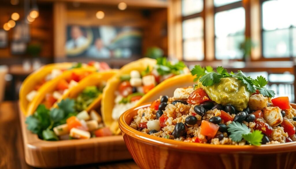 A beautifully arranged presentation of Chipotle’s gluten-free menu items, featuring vibrant, fresh ingredients. In the foreground, showcase a colorful bowl filled with a mix of brown rice, black beans, grilled chicken, fresh pico de gallo, and guacamole, garnished with cilantro. In the middle, include a selection of gluten-free tacos with crispy corn tortillas, overflowing with freshly chopped onions, lettuce, and a variety of homemade salsas. The background should feature a warming wood-tone restaurant interior, subtly lit with natural light filtering through large windows, creating an inviting atmosphere. Use a soft focus effect to emphasize the dishes while keeping the restaurant vibe intact. The image should exude a sense of freshness and health, appealing to those looking for gluten-free dining options.