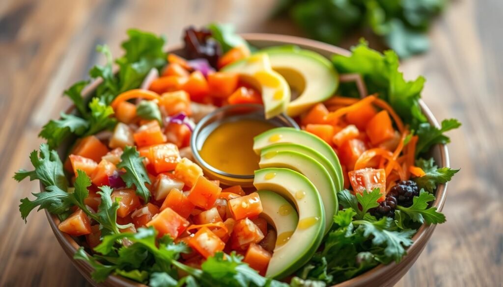 A beautifully arranged salad bowl brimming with fresh, vibrant ingredients. In the foreground, colorful greens like romaine and arugula form a lush base, topped with diced tomatoes, shredded carrots, and slices of ripe avocado, all glistening with a light drizzle of honey vinaigrette dressing that adds a golden hue. The middle of the image features a small dish of the honey vinaigrette, emphasizing its enticing texture. In the background, a blurred, rustic wooden table provides warmth and context. Soft, natural lighting enhances the freshness of the ingredients, creating a warm and inviting atmosphere, while a slightly tilted overhead angle showcases the salad’s appealing composition.
