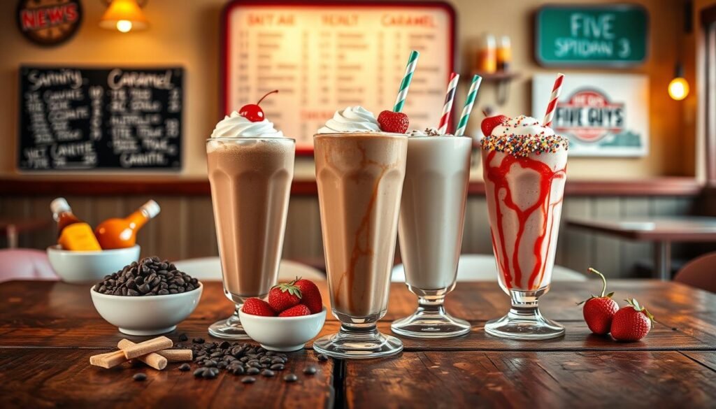 A beautifully arranged scene featuring a variety of delicious milkshakes from Five Guys, displayed in sleek, tall glasses on a rustic wooden table. In the foreground, a rich chocolate milkshake topped with whipped cream and a cherry stands prominently, with a vanilla milkshake and a strawberry milkshake artistically positioned beside it. Each shake is adorned with colorful straws and sprinkles, creating an inviting look. In the middle ground, an assortment of different flavor ingredients like chocolate chips, fresh strawberries, and caramel bottles gracefully spills from decorative bowls. The background captures a warm, softly lit interior of a quaint diner, with a faintly blurred menu board displaying prices and flavors. The atmosphere feels cozy and vibrant, inviting viewers to indulge in the delightful offerings. The lighting is warm and inviting, adding a touch of nostalgia to the scene.