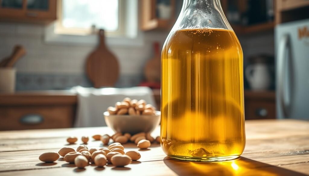 A close-up image of a clear glass bottle of peanut oil, elegantly placed on a rustic wooden kitchen countertop. The foreground features the bottle, with the sunlight illuminating its golden liquid, showcasing the oil’s smooth texture and rich color. In the middle, there are scattered peanuts and a small bowl filled with fresh, unprocessed peanuts to emphasize the natural ingredient. The background is softly blurred, depicting a cozy kitchen atmosphere with soft natural light streaming in through a nearby window, casting gentle shadows. The mood is warm and inviting, perfect for health-conscious parents considering dietary options. The composition should have a shallow depth of field, focusing intently on the peanut oil, creating a sense of clarity and highlighting its role in nutrition.