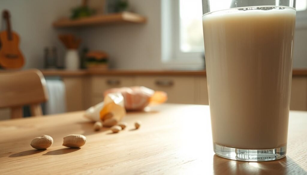 A close-up image of a glass of freshly poured milk, capturing the creamy texture and sheen of the liquid. The foreground features the glass prominently, showing the milk’s surface gently rippling, reflecting soft natural light. In the middle ground, there's a simple, wooden kitchen table, enhancing a rustic feel, with a couple of scattered peanuts and a burger wrapper subtly hinting at allergens. The background presents a softly blurred kitchen setting, with warm, inviting tones and indirect sunlight filtering through a nearby window, creating a cozy atmosphere. The composition conveys a sense of safety and familiarity, perfect for educating about allergen risks in a serene, inviting context. A close-up image of a glass of freshly poured milk, capturing the creamy texture and sheen of the liquid. The foreground features the glass prominently, showing the milk’s surface gently rippling, reflecting soft natural light. In the middle ground, there's a simple, wooden kitchen table, enhancing a rustic feel, with a couple of scattered peanuts and a burger wrapper subtly hinting at allergens. The background presents a softly blurred kitchen setting, with warm, inviting tones and indirect sunlight filtering through a nearby window, creating a cozy atmosphere. The composition conveys a sense of safety and familiarity, perfect for educating about allergen risks in a serene, inviting context.