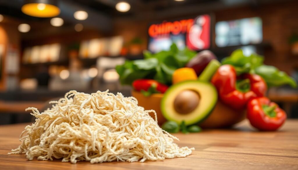 A close-up image of gluten in a rich, textured form, emphasizing its stringy and fibrous quality. In the foreground, a handful of gluten is displayed on a wooden surface, glistening under soft, warm lighting that accentuates its natural sheen. In the middle ground, a bowl of colorful, fresh vegetables surrounds the gluten, symbolizing gluten-free options, such as bell peppers, avocado, and leafy greens. The background features a blurred Chipotle-style restaurant setting, providing a hint of context without distraction. The mood is inviting and appetizing, aiming to convey the essence of healthy, gluten-free meals. Ensure the atmosphere is one of freshness and culinary delight, with a focus on wholesome ingredients and vibrant colors.