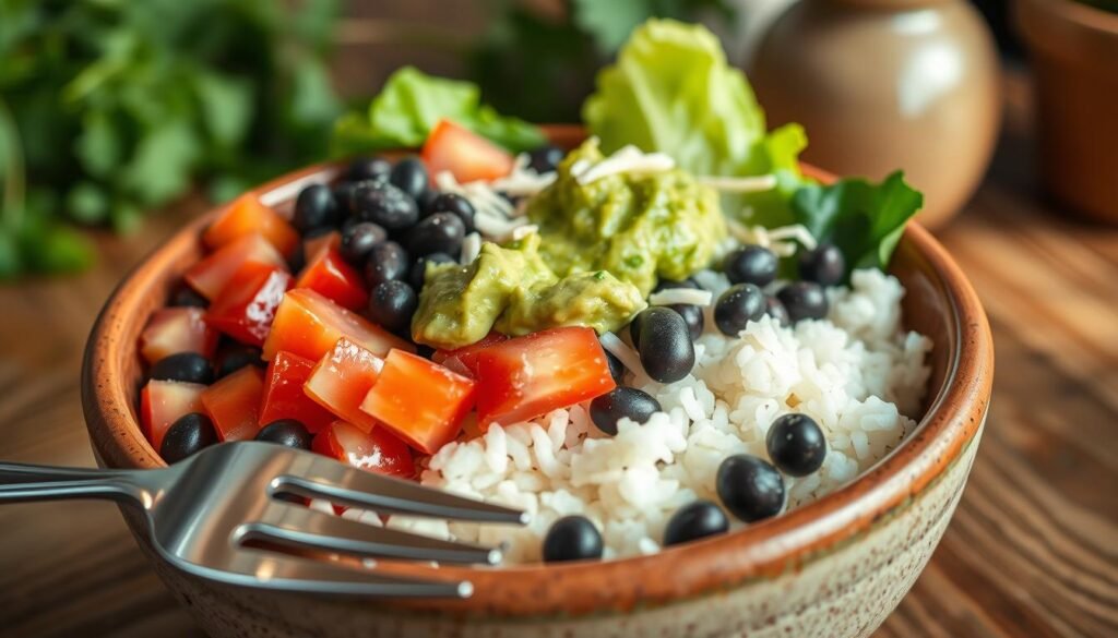 A close-up view of a vibrant burrito bowl, elegantly arranged in a deep, rustic ceramic bowl. The bowl is filled with a colorful medley of fresh ingredients: fluffy white rice, black beans, ripe diced tomatoes, crisp romaine lettuce, guacamole, and a sprinkle of shredded cheese. The foreground features a shiny fork resting beside the bowl, hinting at the meal about to be enjoyed. Soft natural lighting filters from the side, highlighting the texture and freshness of the ingredients. The background is softly blurred, suggesting a cozy dining environment with wooden table textures and subtle greenery, creating an inviting atmosphere. The overall mood is fresh, healthy, and appetizing, perfect for a nutritious meal option.