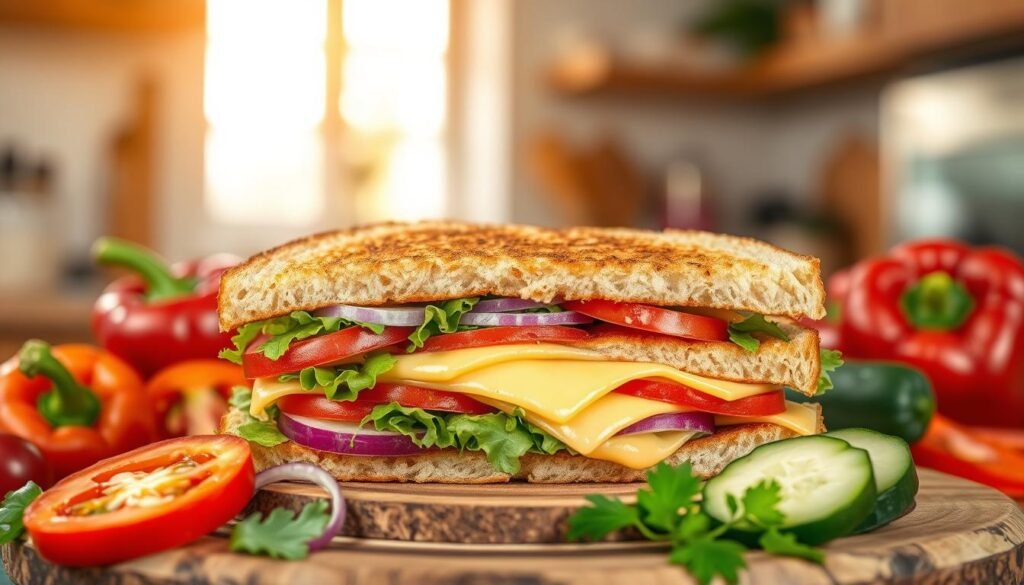 A colorful and fresh layout of a veggie cheese sandwich showcasing its ingredients. In the foreground, a perfectly toasted sandwich cut in half reveals layers of melted cheese, crisp lettuce, sliced tomatoes, red onions, and avocado. Surrounding the sandwich, there's a vibrant array of fresh vegetables like bell peppers and cucumbers, adding a splash of color. In the middle, a rustic wooden board to display the sandwich and ingredients harmoniously. The background features a soft-focus kitchen setting with warm, natural light streaming through a window, creating an inviting atmosphere perfect for food photography. The composition is artistic, emphasizing the freshness and healthiness of the sandwich, with a shallow depth of field to draw focus on the delicious ingredients.