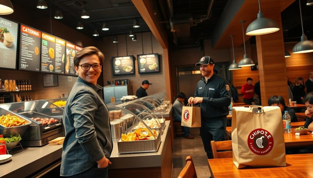 A cozy Chipotle restaurant interior showcasing a bustling pickup and delivery scene. In the foreground, a friendly customer in smart casual attire is placing an order at the counter, with a Chipotle team member preparing a catering order of burritos, chips, and salsa. The middle ground features a colorful display of fresh ingredients and menu boards highlighting catering options, while a delivery driver waits nearby with a branded Chipotle bag. In the background, warm lighting casts a welcoming ambiance, with customers enjoying their meals at wooden tables, creating a lively atmosphere. The image captures the excitement of catering orders with an emphasis on quality and freshness. Use a wide-angle lens to enhance depth and detail, reflecting the vibrancy of the brand and its community-oriented setting.