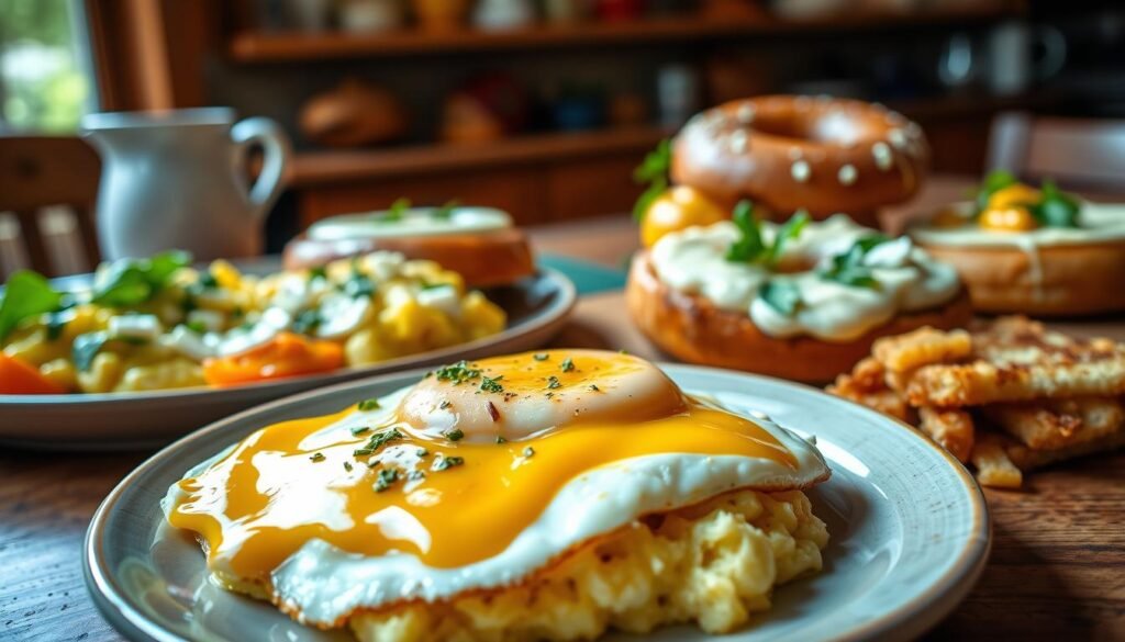 A delicious arrangement of breakfast items featuring perfectly cooked eggs and a variety of cheese toppings, showcasing fresh ingredients typical of a made-to-order meal. In the foreground, a plate with a golden, runny sunny-side-up egg topped with melted cheddar and sprinkled with fresh herbs. Soft scrambled eggs with creamy feta cheese adorn the plate as well. The middle section captures a beautifully toasted bagel topped with a rich, creamy spread and more cheese options like Swiss and pepper jack, all garnished with arugula for a fresh touch. The background features a cozy, warm kitchen setting with natural light streaming in, highlighting a rustic wooden table. The atmosphere is inviting and homey, evoking a sense of comfort and warmth.