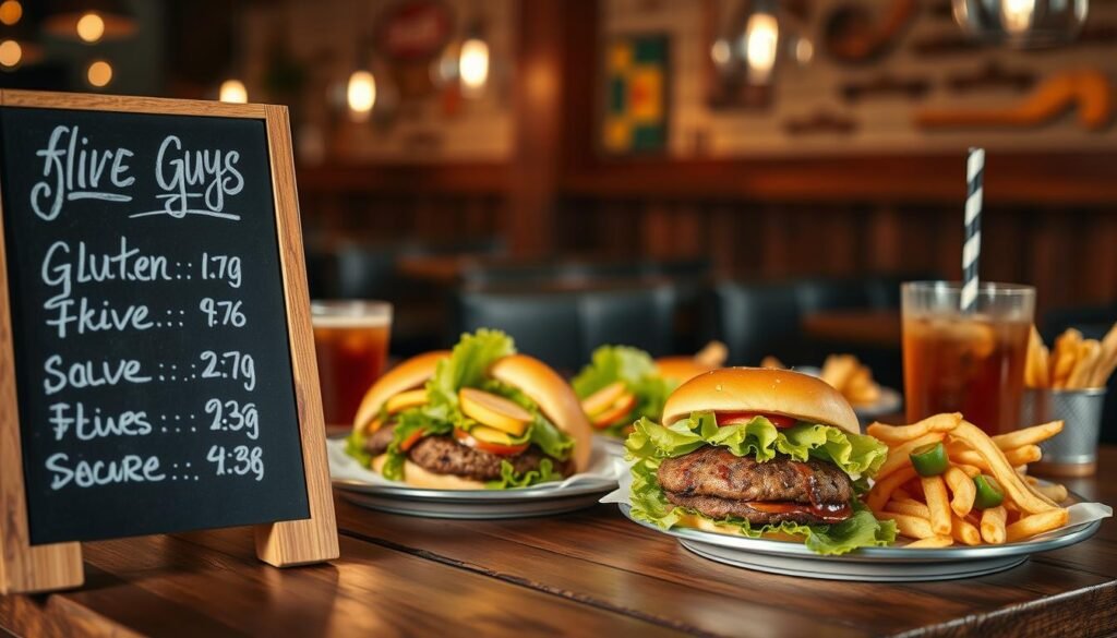 A detailed close-up of a rustic wooden table set with a variety of gluten-free meal options from Five Guys, including burgers wrapped in lettuce, crispy fries, and a refreshing drink. The foreground features a small chalkboard displaying prices in elegant white chalk lettering. In the middle ground, focus on the dishes arranged invitingly, capturing the textures and colors of the food—the rich brown of the burgers, the golden fries, and the vibrant greens. The background softly blurs to reveal a cozy restaurant atmosphere, warm wooden accents, and dim pendant lighting, creating an inviting and casual dining mood. The image is shot from a slightly elevated angle to encompass all elements harmoniously, ensuring a professional and appealing presentation. A detailed close-up of a rustic wooden table set with a variety of gluten-free meal options from Five Guys, including burgers wrapped in lettuce, crispy fries, and a refreshing drink. The foreground features a small chalkboard displaying prices in elegant white chalk lettering. In the middle ground, focus on the dishes arranged invitingly, capturing the textures and colors of the food—the rich brown of the burgers, the golden fries, and the vibrant greens. The background softly blurs to reveal a cozy restaurant atmosphere, warm wooden accents, and dim pendant lighting, creating an inviting and casual dining mood. The image is shot from a slightly elevated angle to encompass all elements harmoniously, ensuring a professional and appealing presentation.