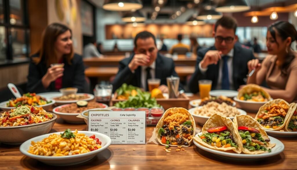 A detailed, visually striking guide to the Chipotle menu, featuring an organized layout of colorful menu items arranged artfully on a wooden table. In the foreground, showcase appetizing bowls, burritos, and tacos filled with vibrant ingredients like fresh guacamole, corn salsa, seasoned rice, and black beans. The middle ground highlights nutritional information cards displaying prices and calorie counts for each item, designed with a sleek, modern aesthetic. The background features a faintly blurred Chipotle restaurant interior, adding depth to the scene. Soft, warm lighting illuminates the food, creating an inviting atmosphere. Capture the mood of a lively dining experience as individuals in smart casual attire enjoy their meals, emphasizing inclusivity and community. The image should evoke a sense of delicious options and dietary flexibility, without any text or captions.