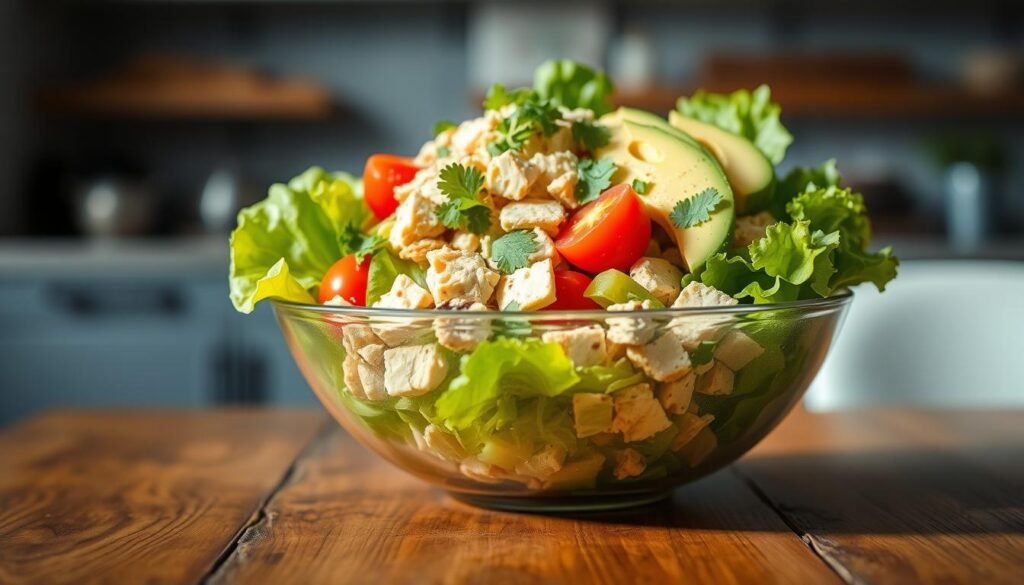 A vibrant and colorful salad bowl, overflowing with fresh, low-carb ingredients ideal for a Keto diet. The bowl features a mix of crisp romaine lettuce, diced grilled chicken, ripe cherry tomatoes, creamy avocado slices, shredded cheese, and a sprinkle of cilantro. In the foreground, the salad bowl is artistically arranged on a rustic wooden table, reflecting the healthy, fresh theme of a Chipotle meal. Soft, natural lighting illuminates the ingredients, highlighting their textures and colors while casting gentle shadows. In the background, there's a blurred hint of a modern kitchen environment, suggesting a home-cooked meal. The overall mood is inviting and refreshing, encouraging healthy eating choices.