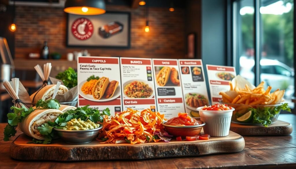 A vibrant and detailed depiction of a "Chipotle full menu pricing" layout, focused on showcasing a variety of menu items including burritos, bowls, tacos, and salads. The foreground features a beautifully arranged menu display on a rustic wooden table, with bright, fresh ingredients like guacamole, cilantro, and pico de gallo elegantly garnished. In the middle, the menu items are showcased in a stylish format with clear price tags and descriptions, emphasizing appetizing visuals and variety. The background is softly blurred, suggesting a Chipotle restaurant ambiance, with warm lighting that creates a welcoming and inviting mood. The scene is shot from a slightly elevated angle, providing an overview that captures both the menu's vibrancy and the casual dining atmosphere. A vibrant and detailed depiction of a "Chipotle full menu pricing" layout, focused on showcasing a variety of menu items including burritos, bowls, tacos, and salads. The foreground features a beautifully arranged menu display on a rustic wooden table, with bright, fresh ingredients like guacamole, cilantro, and pico de gallo elegantly garnished. In the middle, the menu items are showcased in a stylish format with clear price tags and descriptions, emphasizing appetizing visuals and variety. The background is softly blurred, suggesting a Chipotle restaurant ambiance, with warm lighting that creates a welcoming and inviting mood. The scene is shot from a slightly elevated angle, providing an overview that captures both the menu's vibrancy and the casual dining atmosphere.