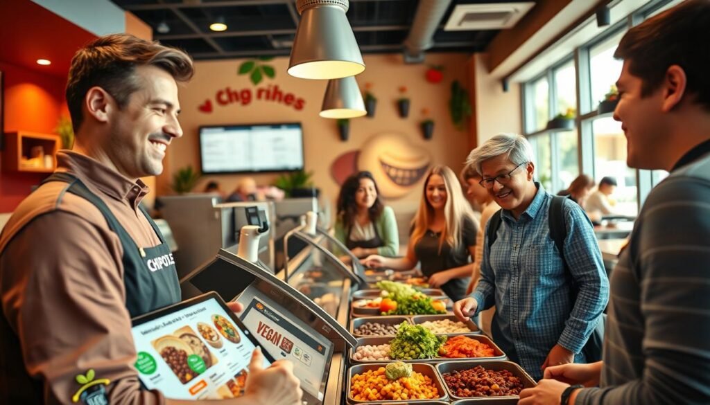 A vibrant and inviting Chipotle restaurant interior showcasing a diverse vegan menu. In the foreground, a friendly staff member in a Chipotle uniform assists customers with a digital tablet displaying plant-based options. The middle ground features a neatly arranged counter filled with fresh, colorful ingredients such as beans, veggies, and guacamole. Customers are happily engaging with the menu choices, clad in modest casual clothing, expressing excitement over their selections. The background captures the warm ambiance of the restaurant, adorned with earthy tones and lively decorations, illuminated by soft, natural lighting. The scene conveys a relaxed, stress-free atmosphere, inviting patrons to enjoy their vegan dining experience. The angle is slightly elevated, providing a clear view of the ordering process while maintaining focus on the vibrant menu items.
