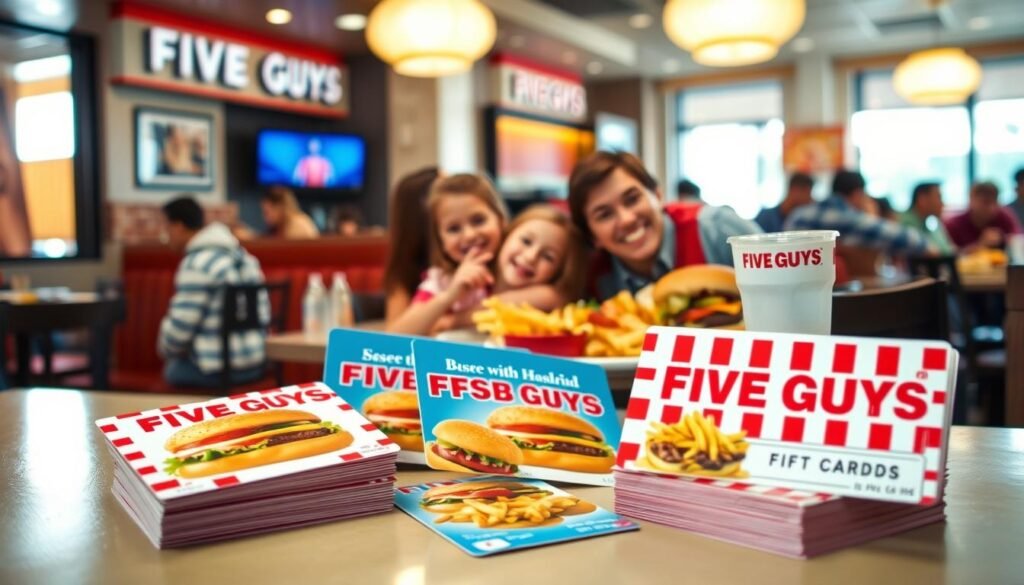 A vibrant and inviting scene depicting a variety of colorful gift cards designed for restaurant savings, specifically tailored for the Five Guys burger experience. In the foreground, a neatly arranged stack of gift cards features enticing designs of burgers, fries, and drinks. The middle ground showcases a cheerful family enjoying a meal at a Five Guys restaurant, with juicy burgers and large servings of fries on their table. The background is decorated with Five Guys branding and a cozy, bustling atmosphere filled with patrons. Bright, natural lighting illuminates the scene, creating a warm and welcoming mood. A close-up angle emphasizes the details of the gift cards while subtly capturing the lively dining environment.