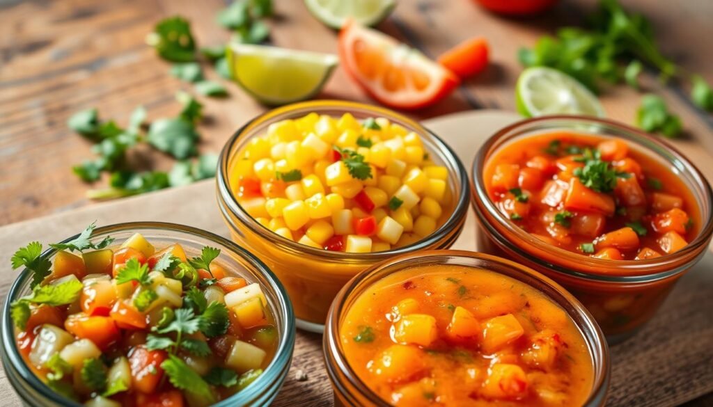 A vibrant assortment of fresh, colorful salsas displayed in small glass bowls, each with a unique texture and color. In the foreground, a bowl of chunky tomato salsa with cilantro and diced onions, next to a smooth, creamy guacamole sprinkled with lime. In the middle, a fresh corn salsa bursting with yellow kernels and diced peppers, contrasted by a fiery red salsa made with roasted tomatoes and green chilies. The background features a rustic wooden table and a blurred view of fresh cilantro and lime halves scattered artistically. Soft, natural lighting enhances the freshness of the ingredients, casting gentle shadows that create a warm and inviting atmosphere. The image captures a sense of celebration and flavor, emphasizing the vibrant colors and textures of the salsas.