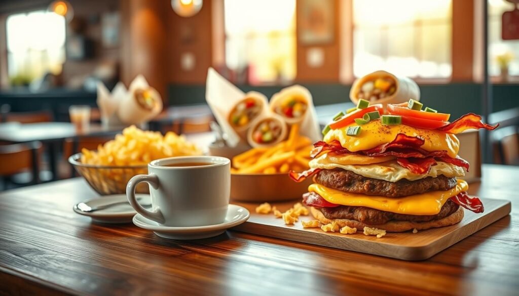 A vibrant display of Five Guys breakfast options featuring a delicious spread of golden hash browns, fluffy scrambled eggs, crispy bacon, and fresh, colorful toppings like avocado and tomatoes. In the foreground, an inviting wooden table holds a steaming cup of coffee beside a hearty breakfast sandwich stacked with layers of egg, sausage, and cheese, all artistically arranged. The middle ground showcases neatly wrapped breakfast burritos, and the background features a rustic diner-style setting with bright, natural light streaming through large windows, creating a warm and welcoming atmosphere. The lens captures the scene with a shallow depth of field to emphasize the food while subtly blurring the diner ambiance. The overall mood is cozy and energizing, perfect for a morning meal with friends or family.