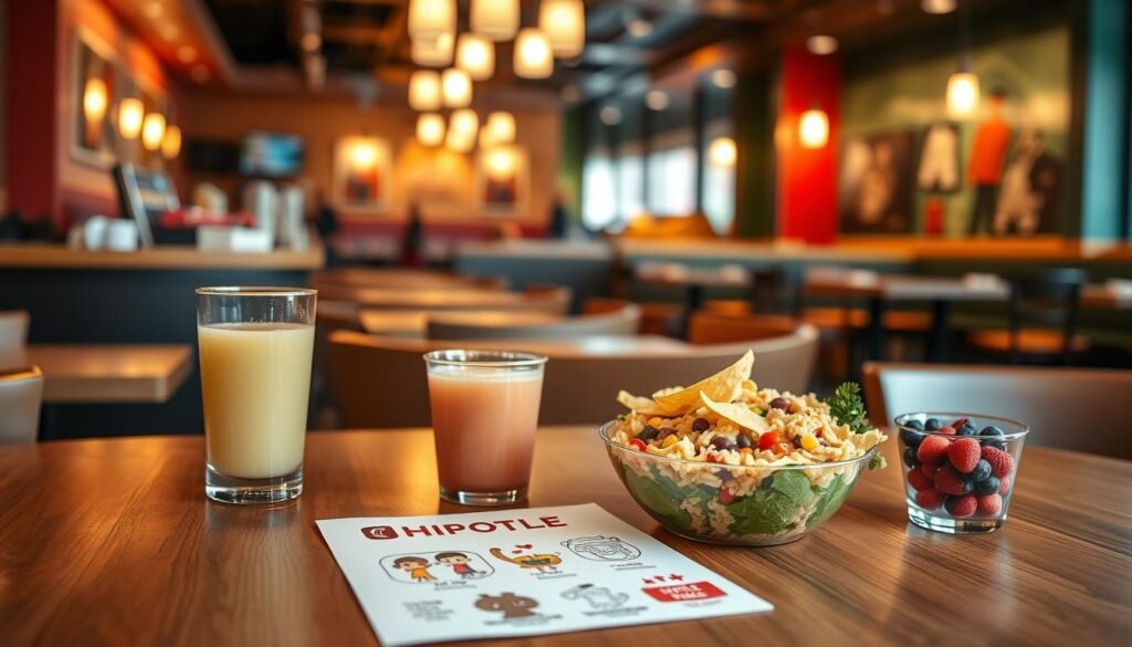 A vibrant display of a Chipotle kids menu on a wooden table. In the foreground, a colorful, kid-friendly burrito bowl with bright ingredients like rice, beans, corn, and fresh vegetables, alongside a small side of tortilla chips. A cup of apple juice and a cheerful fruit cup with mixed berries are elegantly placed next to the bowl. In the middle ground, a neatly printed kids menu featuring illustrations of the meals and playful graphics, artistically arranged. The background is a bustling, cheerful Chipotle restaurant with warm, inviting lighting, showcasing the vibrant decor and seating areas. The atmosphere is lively and family-friendly, evoking a sense of joy and community. Use a soft-focus lens to create a warm, inviting feel to the scene, capturing the essence of a child-friendly dining experience.
