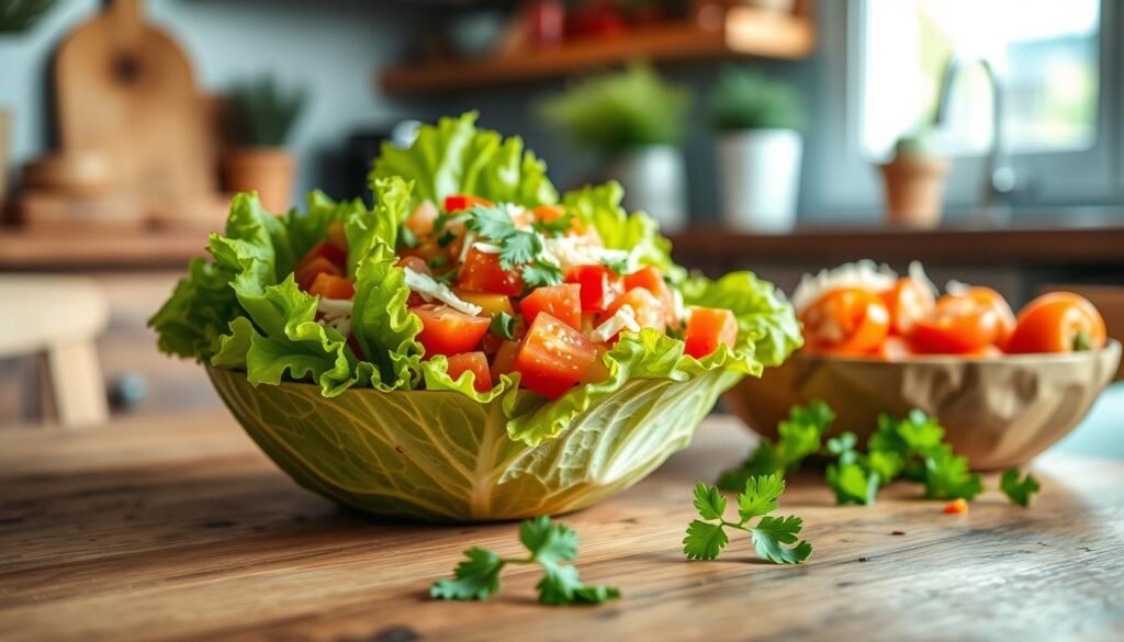 A vibrant, fresh lettuce bowl centered in the foreground, overflowing with a variety of low-carb vegetables. The lettuce is crisp and green, mixed with colorful bell peppers, diced tomatoes, and shredded cheese, creating a feast for the eyes. In the middle ground, a rustic wooden table adds warmth and texture, while a hint of cilantro provides a pop of freshness. The background showcases a blurred kitchen environment with soft, natural lighting filtering through a window, enhancing the fresh and inviting atmosphere. The image is captured at a slight angle, emphasizing the bowl's depth and inviting allure, with an overall mood of healthfulness and culinary delight.