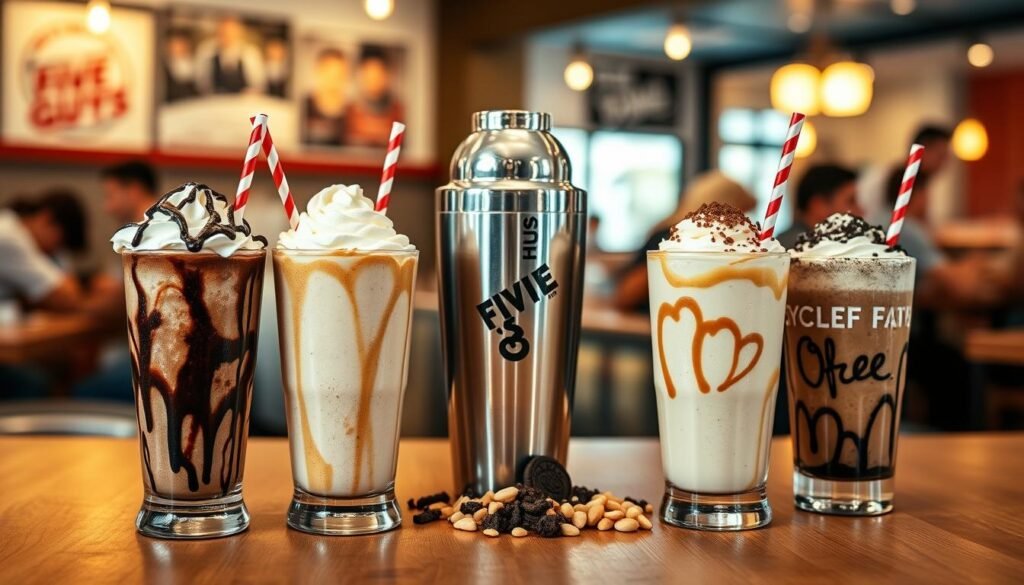 A vibrant, mouth-watering display of five distinct Five Guys milkshake combinations, artistically arranged on a wooden table. In the foreground, focus on one tall glass of chocolate milkshake topped with whipped cream and chocolate drizzle, beside it three additional glasses featuring combinations like strawberry-banana, vanilla with peanut butter, and coffee with Oreo crumbles. In the middle, an inviting stainless steel shaker has spilled a few toppings like crushed peanuts and cherries. The background shows a partially blurred cafe setting with warm lighting, enhancing a cozy atmosphere, with patrons enjoying their shakes. Capture the scene with a shallow depth of field to emphasize the milkshakes while giving hints of the lively ambiance around them. The overall mood is cheerful and indulgent, appealing to dessert lovers.