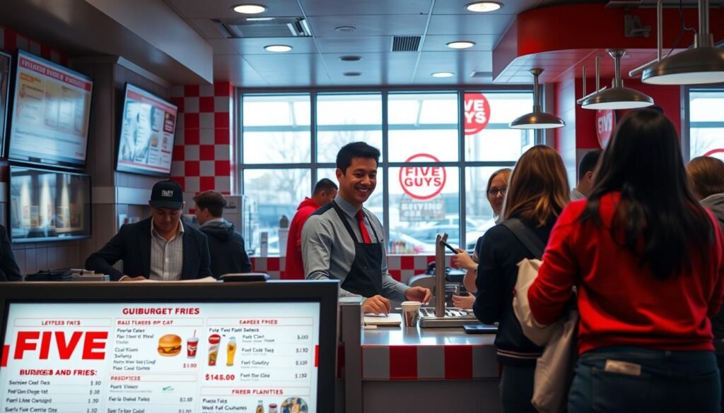 A vibrant, organized fast-food counter at a Five Guys Burgers and Fries location in the United States. In the foreground, a neatly arranged menu board displays prices and popular items, surrounded by customers placing their orders at the counter. The middle of the scene features a staff member in professional attire, engaging with customers and preparing orders with a smile. The background includes bright, colorful decor featuring iconic branding elements, with large windows allowing natural light to flood the space, enhancing a welcoming atmosphere. Use a slightly elevated angle for a dynamic view, capturing the hustle and bustle of the ordering process. The mood is lively and inviting, showcasing the excitement and efficiency of fast-casual dining.