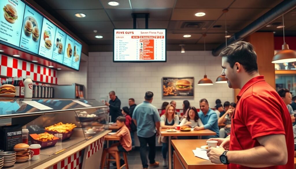 A vibrant restaurant interior featuring a modern fast-food setup, showcasing a clean and organized counter filled with menu items like burgers, fries, and drinks arranged neatly. In the foreground, a friendly server in a red polo shirt and an apron is taking an order from a customer in casual attire. The middle of the scene captures an illuminated digital menu board displaying various order options, highlighting the Five Guys offerings. In the background, there are tables with families and friends enjoying their meals, creating a lively atmosphere. Warm, soft lighting enhances the inviting feel of the space, and an overhead shot angle captures the bustling environment filled with satisfied diners, evoking a sense of community and enjoyment, ideal for illustrating order and accessibility.