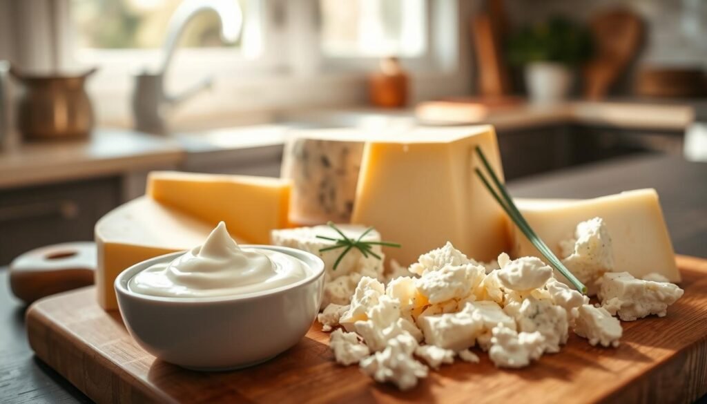 A visually appealing arrangement of dairy cheese and sour cream on a wooden cutting board, with a soft-focus kitchen background. In the foreground, showcase a variety of cheeses, including wedges of sharp cheddar, creamy brie, and crumbled feta, artistically placed next to a small bowl of rich, white sour cream, adorned with a sprig of fresh chives. Natural sunlight streams in from a nearby window, casting a warm glow and soft shadows over the ingredients, giving a welcoming and appetizing atmosphere. The composition should have a close-up angle that highlights the textures of the cheeses and sour cream while ensuring clarity and detail in the presentation.