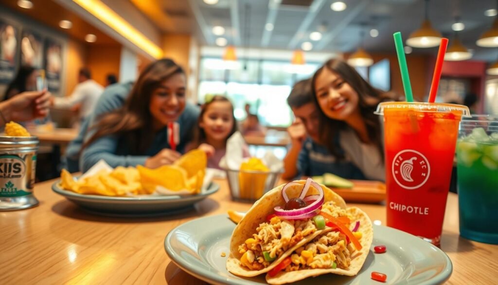 A visually appealing table set in a bright, family-friendly Chipotle restaurant, showcasing an array of colorful items from the kids menu. In the foreground, a vibrant kids meal plate featuring a soft taco filled with shredded chicken, accompanied by a side of corn, and a small portion of chips with guacamole. Beside it, a colorful drink with a fun straw. In the middle background, cheerful families enjoying their meals, with parents in casual attire and kids smiling. The warm ambient lighting highlights the fresh ingredients and inviting atmosphere of the restaurant. The perspective is slightly angled to capture both the table setting and happy interactions, creating a lively and welcoming mood suitable for a family dining experience.