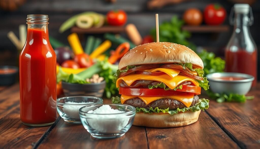 A visually striking illustration of nutrition facts highlighted on a rustic wooden table. In the foreground, a clear glass bottle of freshly prepared ketchup and a small bowl of sea salt flank a mouth-watering cheeseburger, layered with crispy lettuce, ripe tomatoes, and melted cheese. The middle ground features a variety of burger toppings including pickles, grilled onions, and sauces artistically arranged as if ready to customize a meal. In the background, there's a faint display of colorful vegetables and lush greenery to emphasize healthy ingredients, all bathed in warm, inviting lighting that creates a cozy atmosphere. The image captures the essence of meal customization and healthy eating without any text or overlays.