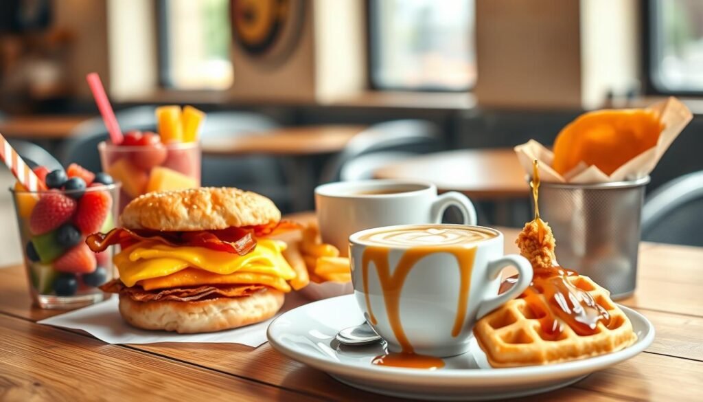 A beautifully arranged breakfast scene featuring a collection of imaginative breakfast secret menu items inspired by Chick-fil-A. In the foreground, display a vibrant breakfast sandwich with fluffy scrambled eggs, crispy bacon, and melted cheese on a toasted biscuit. Flanking the sandwich, include a colorful fruit cup with berries and melon, and a side of golden waffle fries. The middle ground showcases a steaming cup of coffee with intricate latte art on a rustic wooden table, while a small plate holds a mini version of chicken and waffles drizzled with syrup. In the soft-focus background, capture a cozy café setting with warm, natural lighting filtering through a window, creating an inviting morning atmosphere. The overall mood is cheerful and appetizing, perfect for a fresh start to the day. A beautifully arranged breakfast scene featuring a collection of imaginative breakfast secret menu items inspired by Chick-fil-A. In the foreground, display a vibrant breakfast sandwich with fluffy scrambled eggs, crispy bacon, and melted cheese on a toasted biscuit. Flanking the sandwich, include a colorful fruit cup with berries and melon, and a side of golden waffle fries. The middle ground showcases a steaming cup of coffee with intricate latte art on a rustic wooden table, while a small plate holds a mini version of chicken and waffles drizzled with syrup. In the soft-focus background, capture a cozy café setting with warm, natural lighting filtering through a window, creating an inviting morning atmosphere. The overall mood is cheerful and appetizing, perfect for a fresh start to the day.