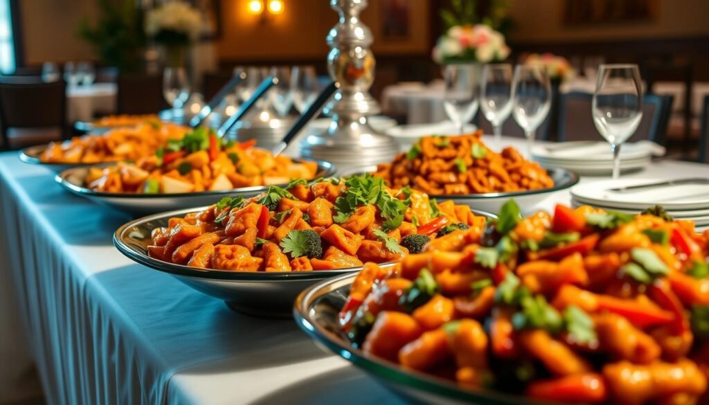 A beautifully arranged catering display featuring Party Size Entrees from Panda Express. In the foreground, vibrant platters showcase popular dishes like Orange Chicken, Kung Pao Chicken, and Broccoli Beef, intricately garnished with fresh herbs and colorful vegetables. The middle ground includes decorative serving utensils and elegant tableware, reflecting a festive atmosphere suitable for events. The background features a tastefully decorated table setting, with soft lighting that illuminates the dishes, creating an inviting ambiance. The-angle is slightly elevated, providing a clear view of the entrees while ensuring the setting feels warm and celebratory, ideal for a gathering. The focus is sharp on the food, with a blurred background for depth, capturing the allure of a well-planned catering experience.