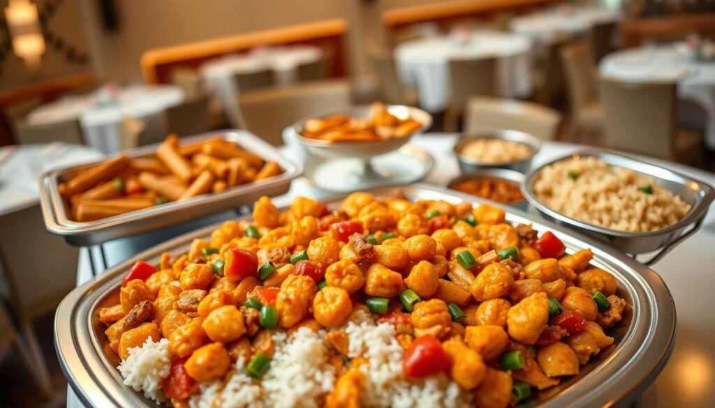 A beautifully arranged catering menu tray showcasing a variety of Panda Express dishes, emphasizing different serving sizes. In the foreground, display a large tray filled with vibrant orange chicken, rice, and mixed vegetables, artistically arranged for visual appeal. In the middle ground, include smaller trays featuring spring rolls, chow mein, and side dishes, demonstrating the range of catering options available. The background should consist of a softly blurred banquet setting, with warm, inviting lighting that highlights the food. Capture the scene from an overhead angle to provide a comprehensive view of the trays. The atmosphere should feel festive and professional, suitable for an event setting, conveying a sense of abundance and variety without any text or logos.