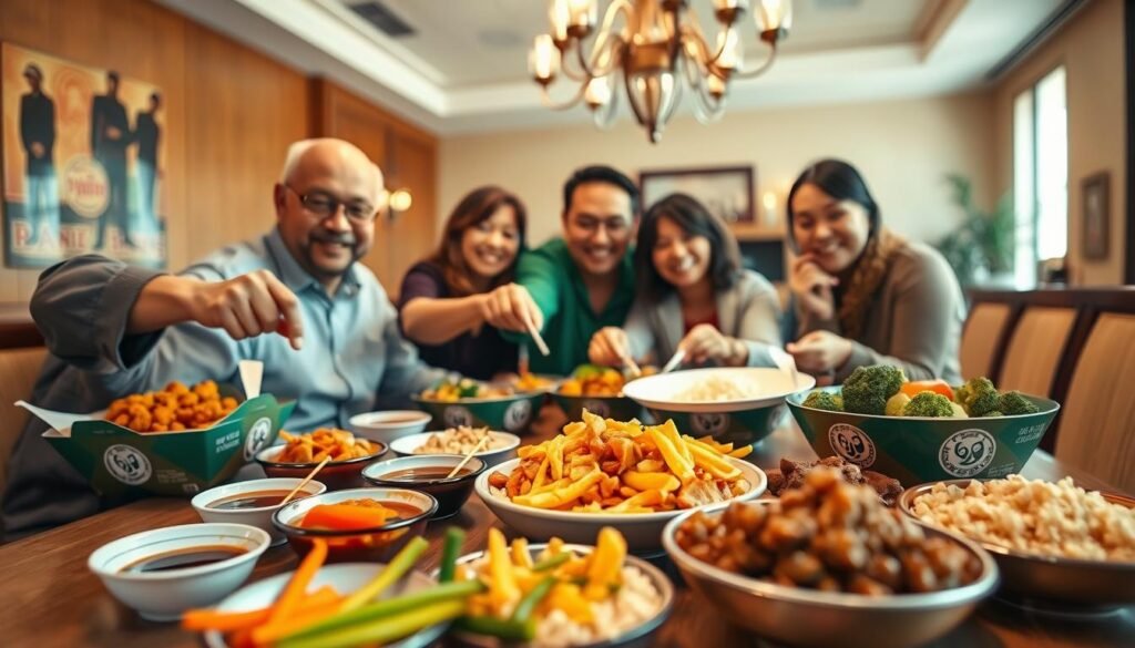 A beautifully arranged family meal featuring a variety of Panda Express dishes, including orange chicken, beef broccoli, and fried rice, placed on a large dining table. In the foreground, a colorful array of bright vegetables and flavorful sauces in small bowls invites sharing. The middle ground showcases smiling family members, dressed in casual yet modest clothing, actively serving each other and enjoying the meal together, radiating warmth and togetherness. The background includes soft lighting from a chandelier overhead, creating a cozy, inviting atmosphere in a warmly decorated dining room. The scene captures a sense of celebration, bonding, and happiness, emphasizing the idea of feeding a group and enjoying shared moments.