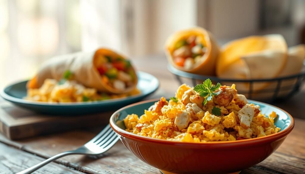 A beautifully arranged hash brown scramble served in a vibrant bowl, featuring golden, crispy hash browns, fluffy scrambled eggs, diced grilled chicken, and topped with shredded cheese and fresh herbs. In the foreground, the bowl is placed on a rustic wooden table, with a fork elegantly resting beside it. The middle ground includes a warm tortilla burrito, partially wrapped to reveal the colorful filling, showcasing similar ingredients. In the background, softly blurred, there are morning light rays streaming through a window, creating a cozy, inviting atmosphere. The scene is bright and cheerful, with a focus on rich textures and colors of the food, emphasizing a delicious breakfast experience. Use soft ambient lighting to enhance the freshness of the ingredients, shot from a slightly elevated angle for a dynamic view.