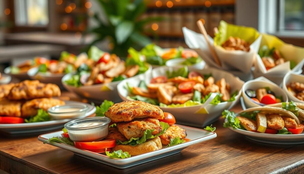 A beautifully arranged table displaying an assortment of grilled chicken options, emphasizing crispy, golden-brown grilled chicken sandwiches alongside fresh, vibrant salads and wraps. In the foreground, a succulent grilled chicken sandwich is artistically plated, topped with crisp lettuce, ripe tomatoes, and a side of dipping sauce. The middle ground features an array of colorful salads, showcasing greens, grilled chicken strips, and an assortment of vegetables. In the background, soft natural lighting casts a warm glow over the scene. The atmosphere is inviting and appetizing, hinting at a festive dining experience perfect for events. The image should be captured in a close-up angle to highlight the textures of the food, with a shallow depth of field to softly blur the background. The overall mood is cheerful and appealing, creating an enticing visual feast. A beautifully arranged table displaying an assortment of grilled chicken options, emphasizing crispy, golden-brown grilled chicken sandwiches alongside fresh, vibrant salads and wraps. In the foreground, a succulent grilled chicken sandwich is artistically plated, topped with crisp lettuce, ripe tomatoes, and a side of dipping sauce. The middle ground features an array of colorful salads, showcasing greens, grilled chicken strips, and an assortment of vegetables. In the background, soft natural lighting casts a warm glow over the scene. The atmosphere is inviting and appetizing, hinting at a festive dining experience perfect for events. The image should be captured in a close-up angle to highlight the textures of the food, with a shallow depth of field to softly blur the background. The overall mood is cheerful and appealing, creating an enticing visual feast.