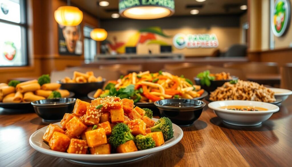A beautifully arranged table featuring a selection of Panda Express vegan dishes, such as vibrant orange tofu, crisp vegetable spring rolls, and savory chow mein. In the foreground, a colorful plate of broccoli and bell pepper stir-fry garnished with sesame seeds. The middle ground displays a striking platter showcasing the vibrant colors and textures of the food, with bowls of tangy soy sauces and fresh herbs accompanying the dishes. In the background, a softly blurred Panda Express restaurant interior with warm, inviting lighting and friendly decor. The atmosphere is cheerful and inviting, evoking a sense of culinary delight. Capture this scene at a low angle to emphasize the richness of the food, highlighting the appealing textures and colors, with soft natural light illuminating the dishes for a fresh and appetizing look.