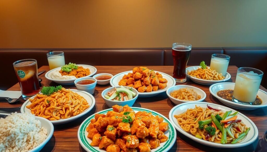 A beautifully arranged table set with a variety of colorful Panda Express dishes, including vibrant sides like steamed rice, chow mein, and crispy orange chicken as the main entrée. Plates should be garnished with fresh vegetables and a drizzle of signature sauces. Include a selection of refreshing beverages, such as iced tea and sweet lemonades, in clear glasses. The table is set against a warm, inviting background with soft lighting that highlights the richness of the food, creating an appetizing atmosphere. Capture the scene from a slightly elevated angle to showcase the variety and arrangement, evoking a sense of casual dining enjoyment. Focus on the colors and textures to enhance the visual appeal, making it suitable for a food review context.