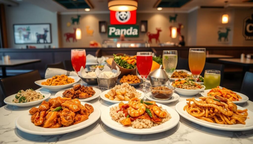 A beautifully arranged table showcasing an extensive menu from Panda Express in Great Falls. The foreground features a vibrant display of popular menu items, including Orange Chicken, Beijing Beef, and Shrimp with Honey Walnut, plated on elegant white dishware. In the middle ground, a colorful selection of sides such as Chow Mein, Fried Rice, and steamed vegetables fills the space, while refreshing drinks like Cherry Limeade and Green Tea are artistically presented in clear glasses. The background captures a warm, inviting restaurant ambiance with soft lighting and subtle decorations typical of Panda Express decor. The scene conveys a friendly and appetizing atmosphere, spotlighting the variety and appeal of the cuisine, all while maintaining a professional look devoid of any text or logos. A beautifully arranged table showcasing an extensive menu from Panda Express in Great Falls. The foreground features a vibrant display of popular menu items, including Orange Chicken, Beijing Beef, and Shrimp with Honey Walnut, plated on elegant white dishware. In the middle ground, a colorful selection of sides such as Chow Mein, Fried Rice, and steamed vegetables fills the space, while refreshing drinks like Cherry Limeade and Green Tea are artistically presented in clear glasses. The background captures a warm, inviting restaurant ambiance with soft lighting and subtle decorations typical of Panda Express decor. The scene conveys a friendly and appetizing atmosphere, spotlighting the variety and appeal of the cuisine, all while maintaining a professional look devoid of any text or logos.