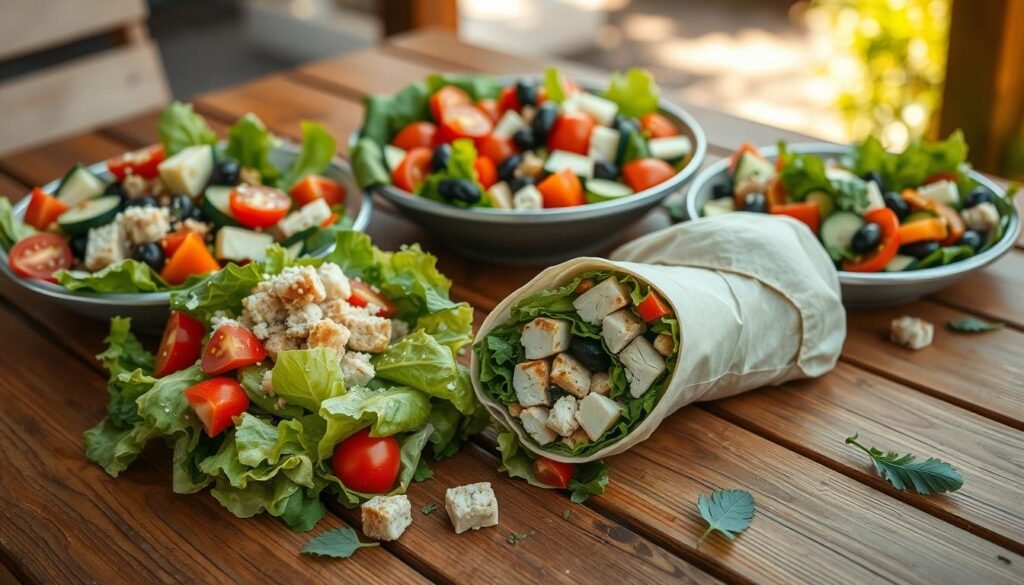 A beautifully arranged wooden table featuring an array of colorful salads and wrap-style lunch options. In the foreground, a classic Caesar salad with crisp romaine lettuce, creamy dressing, and garnished with croutons and a sprinkle of parmesan. Next to it, a vibrant Mediterranean salad overflowing with cherry tomatoes, cucumbers, olives, and feta cheese, drizzled with olive oil. In the middle, a freshly made wrap cut in half, revealing tender chicken, leafy greens, and flavorful sauces, with fresh herbs scattered around for garnish. The background softly blurs showcasing a sunny outdoor setting with warm natural light, casting gentle shadows on the table, creating an inviting and fresh atmosphere perfect for a healthy lunch.