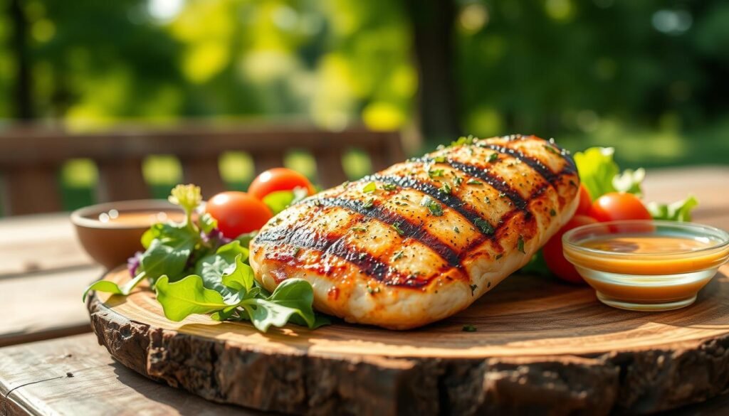 A beautifully grilled chicken breast served on a rustic wooden plate, glistening with a light drizzle of olive oil and a sprinkle of fresh herbs. The chicken is presented with a side of colorful mixed greens, cherry tomatoes, and a small bowl of tangy dipping sauce, highlighting the balance of meal options under 500 calories. In the background, a softly blurred picnic table with sunlight filtering through lush green trees creates an inviting outdoor dining atmosphere. The lighting is warm and natural, casting gentle shadows to enhance the textures of the food. Shot from a slightly elevated angle to capture all elements in a mouthwatering composition, evoking a sense of health-conscious eating and delicious flavor.