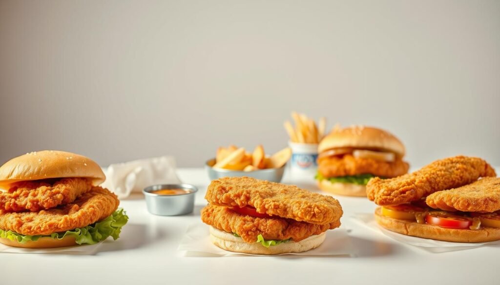 A beautifully lit and styled product shot of the Burger King Chicken and Fish Menu. The foreground features a selection of crispy fried chicken sandwiches and golden-fried fish fillets, arranged artfully on a clean white surface. The middle ground showcases the accompanying sides and condiments, such as crisp lettuce, juicy tomatoes, and tangy sauces. The background is a softly blurred, minimalist setting, highlighting the focus on the delectable menu items. The lighting is natural and warm, casting a appetizing glow on the food. The overall composition is clean, balanced, and designed to showcase the fresh, high-quality ingredients of Burger King's Chicken and Fish offerings.