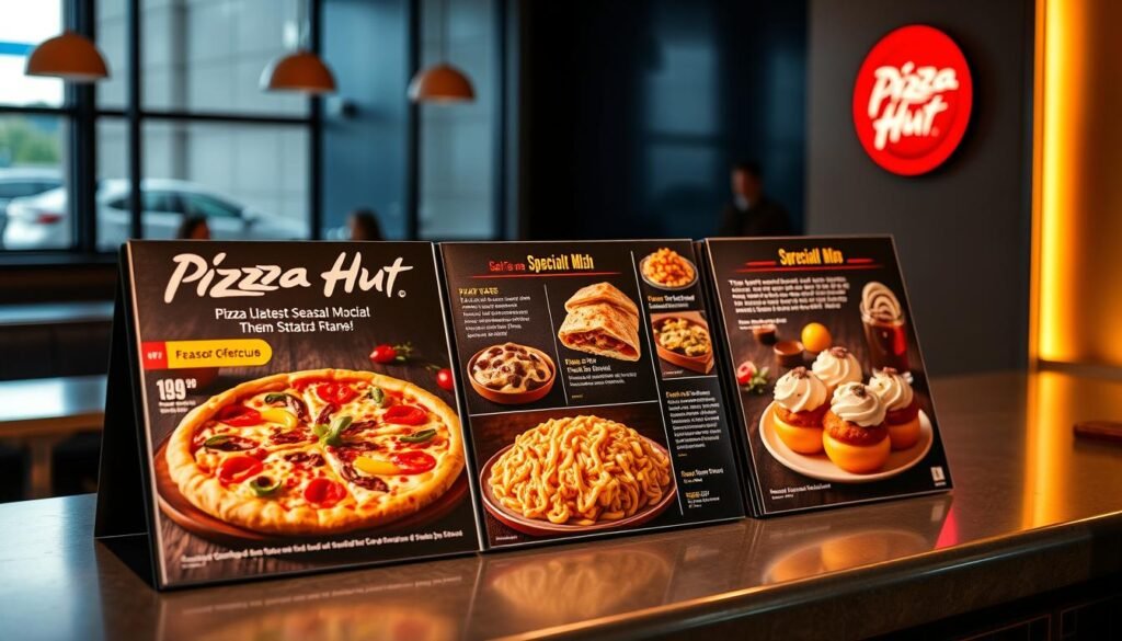 A beautifully lit, high-resolution image of the Pizza Hut menu specials displayed on a sleek, modern counter. The menu features vibrant, mouthwatering images of their latest seasonal offerings, including a delectable deep-dish pizza with colorful toppings, a tantalizing specialty pasta dish, and a selection of scrumptious desserts. The lighting is warm and inviting, casting a soft glow over the menu items, enticing the viewer to explore the variety of flavors and specialties available. The overall composition is balanced and visually appealing, showcasing the menu in a way that captures the essence of Pizza Hut's dining experience.