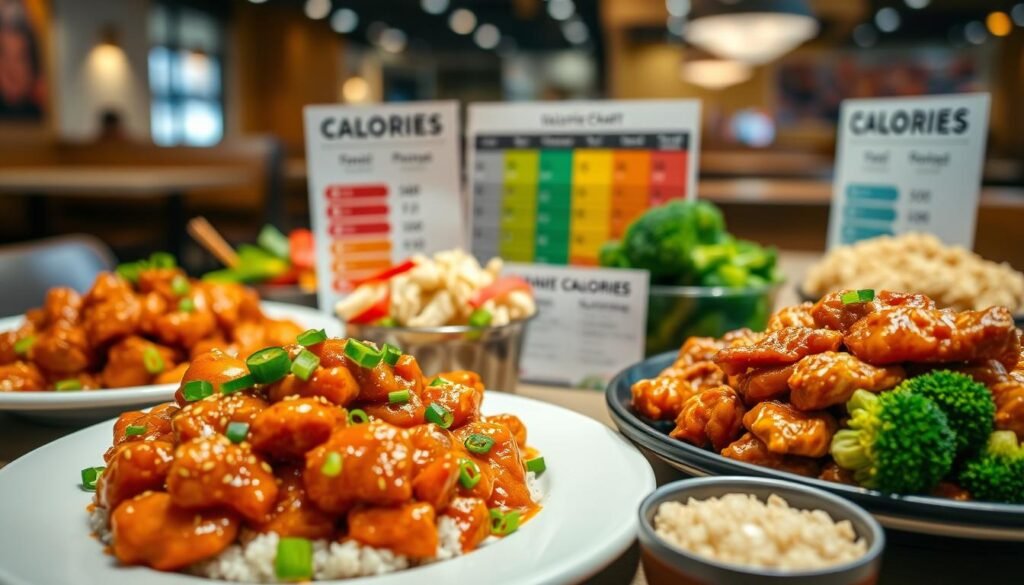 A beautifully organized calorie planning food spread featuring varieties of Panda Express dishes. In the foreground, include a vibrant plate of Orange Chicken, Kung Pao Chicken, and a small bowl of Fried Rice, all garnished with fresh green onions and sesame seeds. The middle ground should display a colorful assortment of fresh vegetables, such as bell peppers and broccoli, along with a calorie chart showing approximate calorie counts for each dish. The background should have a softly blurred dining space with warm lighting to create an inviting atmosphere. Use a shallow depth of field to focus on the food while gently fading the background. Capture the image from a slight top-down angle to provide a comprehensive view, illuminating the textures and colors of the dishes, evoking a sense of healthy meal planning and enjoyment.