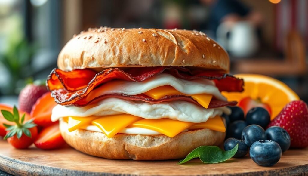 A beautifully presented breakfast sandwich, featuring layers of crispy bacon, melted cheddar cheese, and a perfectly cooked egg, all nestled in a warm, toasted bagel. Surrounding the sandwich, include a fresh side of colorful, sliced fruits like strawberries, blueberries, and oranges, showcasing a healthy breakfast option. The image should be shot from a slightly elevated angle to highlight the sandwich's details and textures. Use soft, natural lighting to create a warm and inviting atmosphere, with a blurred café background that hints at a cozy dining environment. Ensure the focus remains on the food, capturing the deliciousness of the breakfast options while evoking a sense of morning freshness and vitality.