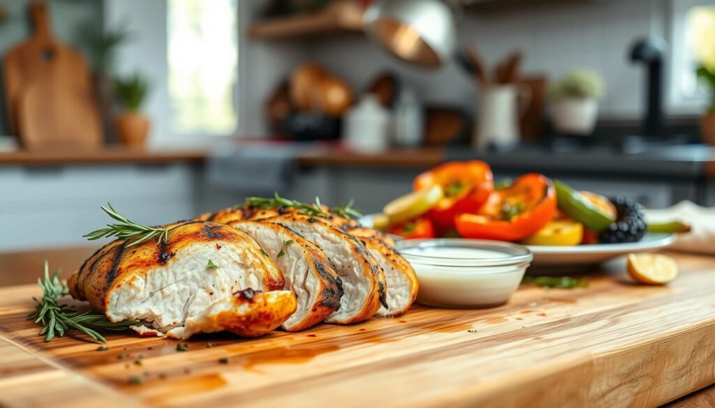 A beautifully presented grilled chicken breast on a wooden cutting board, garnished with fresh herbs like rosemary and thyme. In the foreground, the chicken is expertly sliced, showcasing its juicy interior and attractive char marks from the grill. The middle ground features a small bowl of garlic herb sauce and a side of colorful grilled vegetables such as bell peppers and zucchini. In the background, a rustic kitchen setting with soft, natural light streaming through a window, highlighting the warmth of the scene. The atmosphere is inviting and homely, ideal for a nutritious meal. The composition is shot from a slightly elevated angle, focusing on the delicious details while creating an appetizing and wholesome vibe. A beautifully presented grilled chicken breast on a wooden cutting board, garnished with fresh herbs like rosemary and thyme. In the foreground, the chicken is expertly sliced, showcasing its juicy interior and attractive char marks from the grill. The middle ground features a small bowl of garlic herb sauce and a side of colorful grilled vegetables such as bell peppers and zucchini. In the background, a rustic kitchen setting with soft, natural light streaming through a window, highlighting the warmth of the scene. The atmosphere is inviting and homely, ideal for a nutritious meal. The composition is shot from a slightly elevated angle, focusing on the delicious details while creating an appetizing and wholesome vibe.