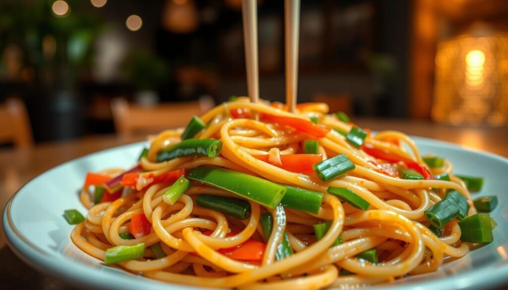 A beautifully presented plate of chow mein, featuring stir-fried egg noodles intertwined with colorful vegetables such as bell peppers, carrots, green onions, and snap peas. In the foreground, the glossy noodles glisten with a light soy sauce drizzle, showcasing their texture. The middle of the image includes a pair of elegant chopsticks poised above the dish, ready to serve. In the background, a subtle bokeh of a casual dining setting enhances the atmosphere, with hints of bamboo decor and soft warm lighting creating a cozy, inviting mood. The angle captures the dish from a slight top-down perspective, emphasizing its abundant ingredients and artistry. The overall scene evokes a sense of appetizing delight, perfect for illustrating nutritional choices about sides on a menu.