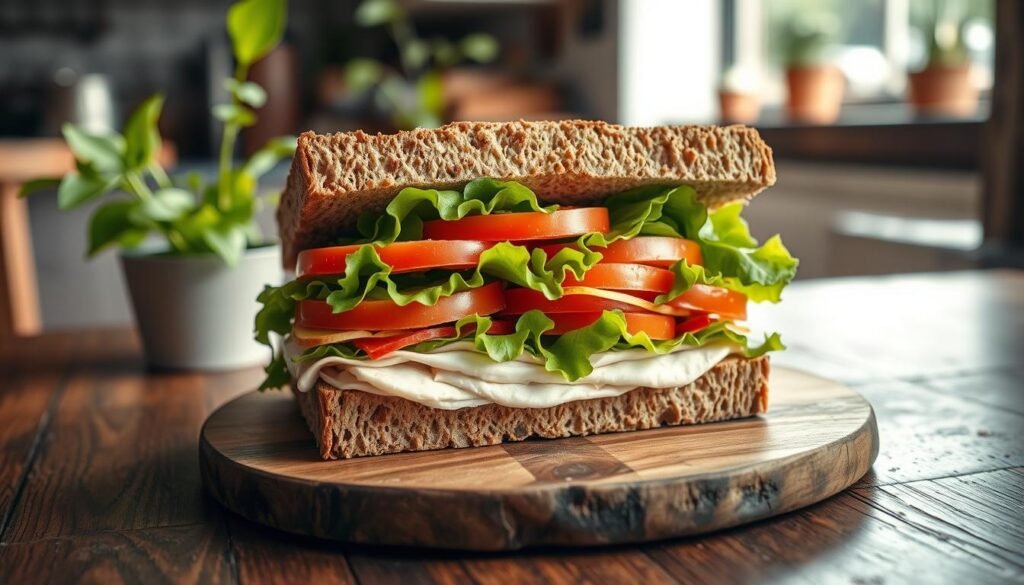 A beautifully presented sandwich placed on a rustic wooden table, showcasing layers of fresh turkey, crisp lettuce, ripe tomatoes, and creamy mayonnaise, all nestled between two thick slices of whole grain bread. The sandwich is cut in half, revealing its colorful filling. Soft natural light filters in from a nearby window, casting gentle shadows that enhance the texture of the ingredients. In the background, a subtle blur of a casual café setting can be seen, featuring green potted plants and a hint of a busy kitchen area. The overall mood is inviting and homey, with an emphasis on the freshness and wholesome nature of the meal.