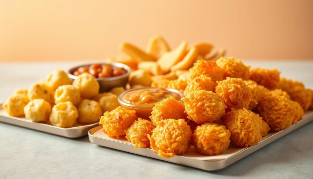 A bountiful display of Tim Hortons breakfast sides, captured in a warm, inviting studio setting. In the foreground, a selection of crispy golden hashbrowns, their edges crisped to perfection. Alongside them, fluffy, bite-sized omelette bites, seasoned with a blend of herbs and spices. In the middle ground, a small bowl of creamy, buttery baked beans, a classic Canadian accompaniment. The background features a clean, neutral backdrop, allowing the vibrant colors and textures of the dishes to take center stage. Soft, diffused lighting illuminates the scene, creating a cozy, appetizing atmosphere. The entire composition is meticulously arranged, showcasing the delectable, high-quality breakfast offerings from Tim Hortons.