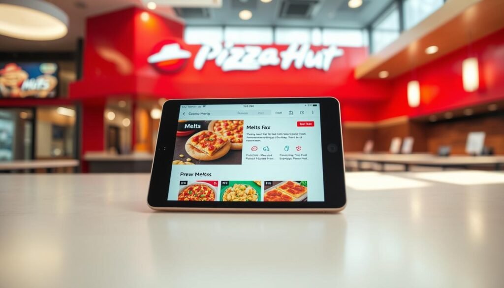 A bright, modern online ordering interface for Pizza Hut's new Melts menu. In the foreground, a close-up of a digital tablet or smartphone displaying the Melts selection, with vibrant images of the different flavor combinations. The middle ground features a sleek, minimalist layout with clean typography and intuitive navigation options. In the background, a soft-focused view of a Pizza Hut restaurant, emphasizing the brand's signature red and white color scheme. The lighting is warm and inviting, creating a welcoming atmosphere for users to easily browse and order the new Melts offerings.