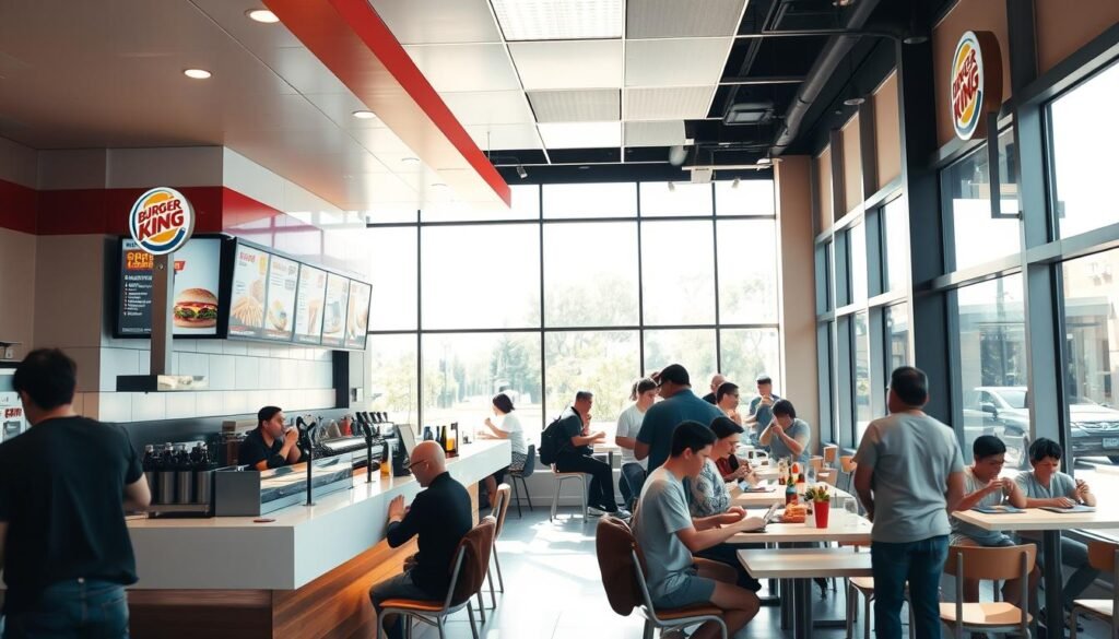 A brightly-lit Burger King restaurant interior during the lunch rush. The foreground features a clean, modern counter with a menu board showcasing various burger, fries, and beverage options. Behind the counter, employees efficiently prepare orders. The middle ground depicts a mix of customers, some seated at tables enjoying their meals, others queuing patiently to place their orders. The background shows large windows allowing natural light to flood the space, creating a warm, inviting atmosphere. The overall scene conveys the lunchtime energy and convenience of Burger King's dining experience.